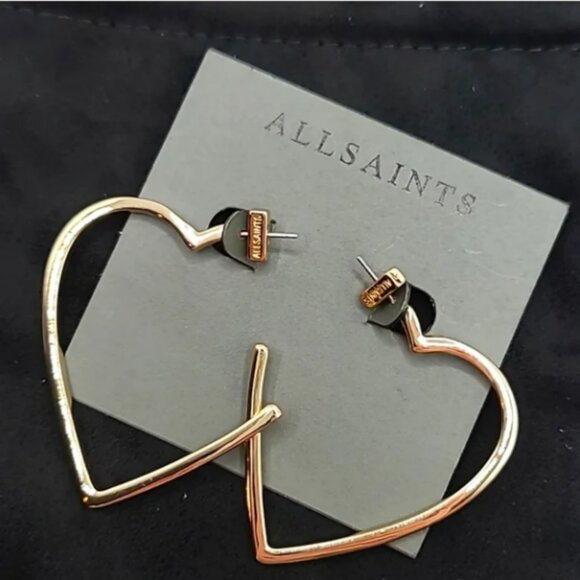 AllSaints Gold Femi Large Heart Hoop Earrings - Picture 3 of 3